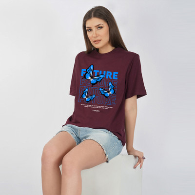 Nusyl Printed Women Round Neck Maroon T-Shirt