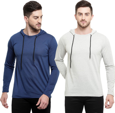 Tresna Trending Solid Men Hooded Neck Blue, Grey T-Shirt