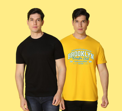 WOOSTRO Printed, Solid Men Round Neck Black, Yellow T-Shirt