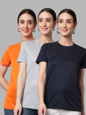 InkTees Solid Women Round Neck Grey, Orange, Navy Blue T-Shirt