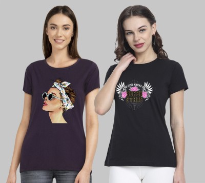 METRONAUT Printed Women Round Neck Purple, Black T-Shirt