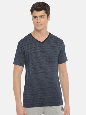 Macroman M-Series Striped Men V Neck Navy Blue T-Shirt