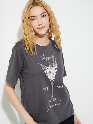 MAX Printed Women Round Neck Grey T-Shirt