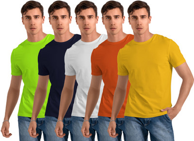 FTX Solid Men Round Neck Green, Navy Blue, White, Orange, Yellow T-Shirt