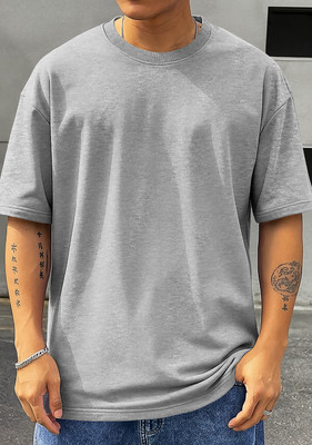 TeeBrozz Solid Men Round Neck Grey T-Shirt