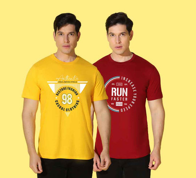 WOOSTRO Printed, Solid Men Round Neck Yellow, Red T-Shirt