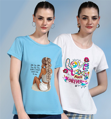 METRONAUT Printed Women Round Neck Light Blue, White T-Shirt