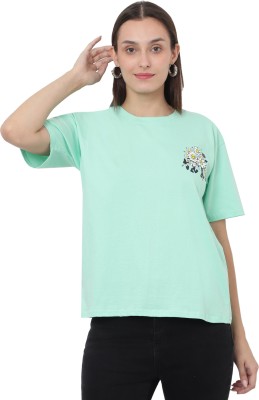 Kiba Retail Printed Women Round Neck Light Green T-Shirt