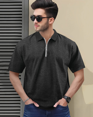 AOOSH Self Design Men Polo Neck Black T-Shirt