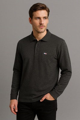 SAND PIPER Self Design Men Polo Neck Grey T-Shirt