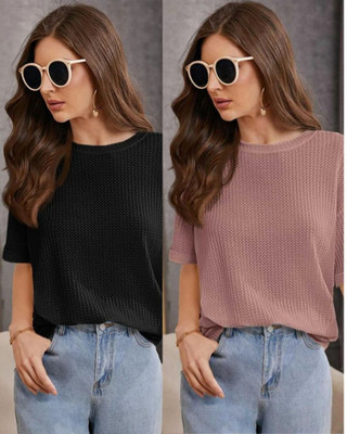 VDTREND Solid Women Round Neck Pink, Black T-Shirt