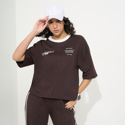 Ajile By Pantaloons Printed Women Round Neck Brown T-Shirt