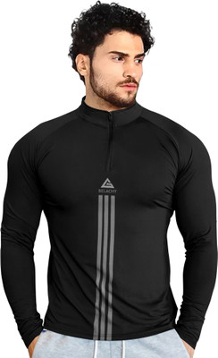BELACHY Striped Men Henley Neck Black T-Shirt