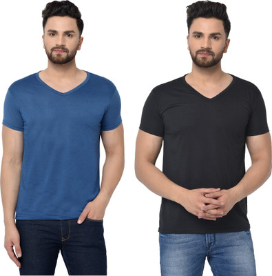 Tresna Fab Solid Men V Neck Dark Blue, Black T-Shirt