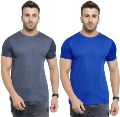Tdoc Solid Men Round Neck Grey, Dark Blue T-Shirt