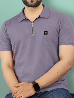 VeBNoR Solid Men Zip Neck Purple T-Shirt