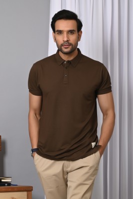 Arbour Solid Men Polo Neck Brown T-Shirt