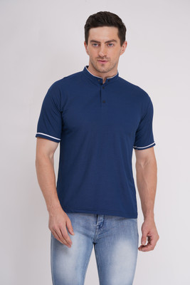 Pavis Solid Men Mandarin Collar Blue, Orange T-Shirt