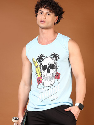 V-MART Printed Men Round Neck Light Blue T-Shirt