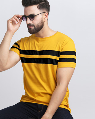 AUSK Striped Men Round Neck Black, Yellow T-Shirt