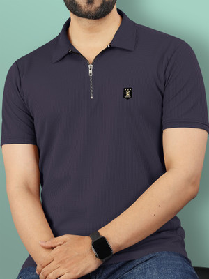 VeBNoR Solid Men Zip Neck Grey T-Shirt