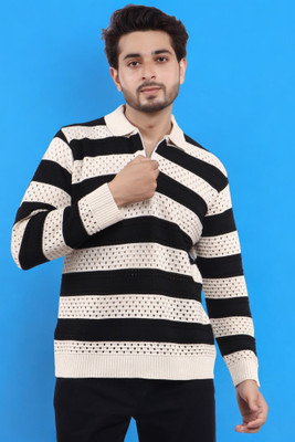 LWALS Striped Men Polo Neck Black, White T-Shirt