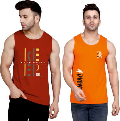 SLOWLORIS Printed Men Round Neck Maroon, Orange T-Shirt