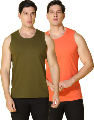 WOOSTRO Solid Men Scoop Neck Green, Orange T-Shirt