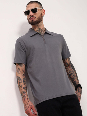 SHOWOFFFF Solid Men Polo Neck Grey T-Shirt