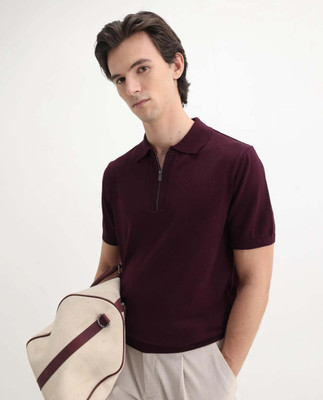 RARE RABBIT Solid Men Polo Neck Maroon T-Shirt