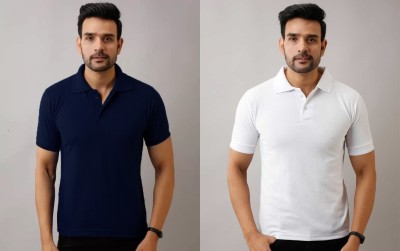 Silver Swan Solid Men Polo Neck Dark Blue, White T-Shirt