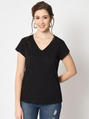 CHARMGAL Solid Women V Neck Black T-Shirt