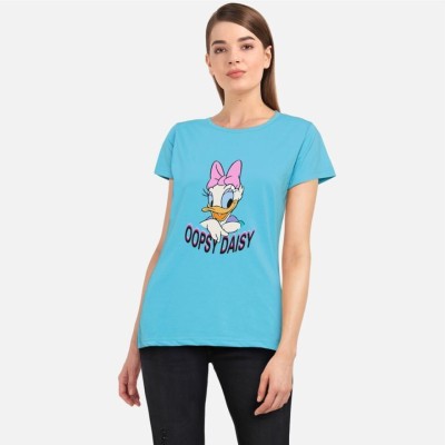 DISNEY by DreamBe Printed, Typography Women Round Neck Light Blue T-Shirt