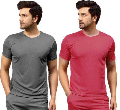 UDI n ADI Solid Men Round Neck Grey, Pink T-Shirt