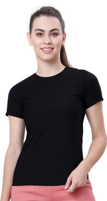 Lactra Solid Women Round Neck Black T-Shirt