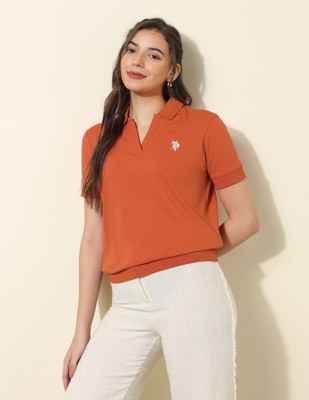 U.S. POLO ASSN. Solid Women Polo Neck Orange T-Shirt