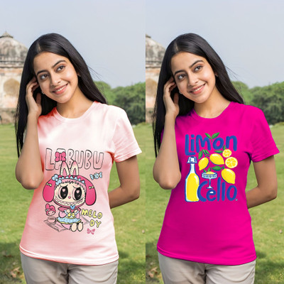 Kintu Parantu Cartoon Women Round Neck Multicolor T-Shirt