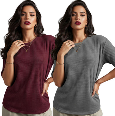 VDTREND Self Design Women Round Neck Grey T-Shirt