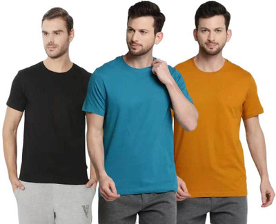 VAN HEUSEN Solid Men Round Neck Yellow, Black, Blue T-Shirt