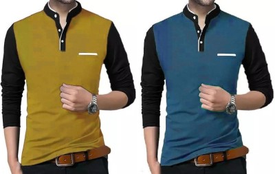 PSDESIGN Solid Men Mandarin Collar Yellow, Blue T-Shirt