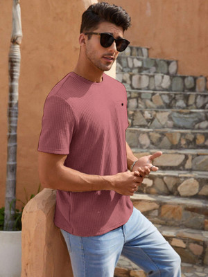 KEX Solid Men Round Neck Pink T-Shirt