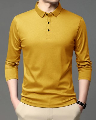 PATOIS Solid Men Polo Neck Yellow T-Shirt