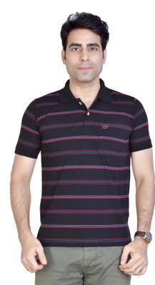 AWACK Striped Men Polo Neck Black T-Shirt