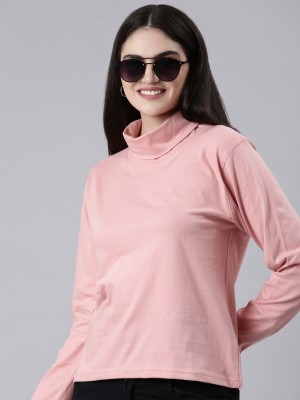 Kryptic Solid Women High Neck Pink T-Shirt