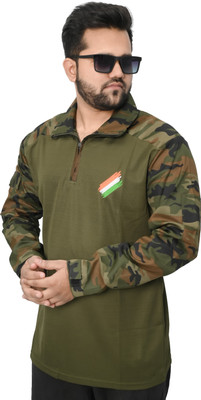 AADAKS SPORTZZ Printed, Self Design, Military Camouflage Men Zip Neck Green T-Shirt