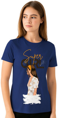 DGC Printed Women Round Neck Navy Blue T-Shirt