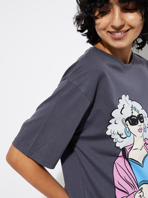 MAX Printed Women Round Neck Grey T-Shirt