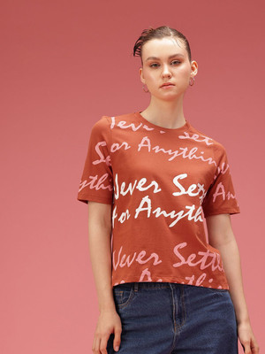 Dressberry Printed Women Round Neck Red T-Shirt