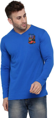 GEUM Printed Men V Neck Blue T-Shirt