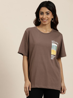 HERE&NOW Printed Women Round Neck Brown T-Shirt